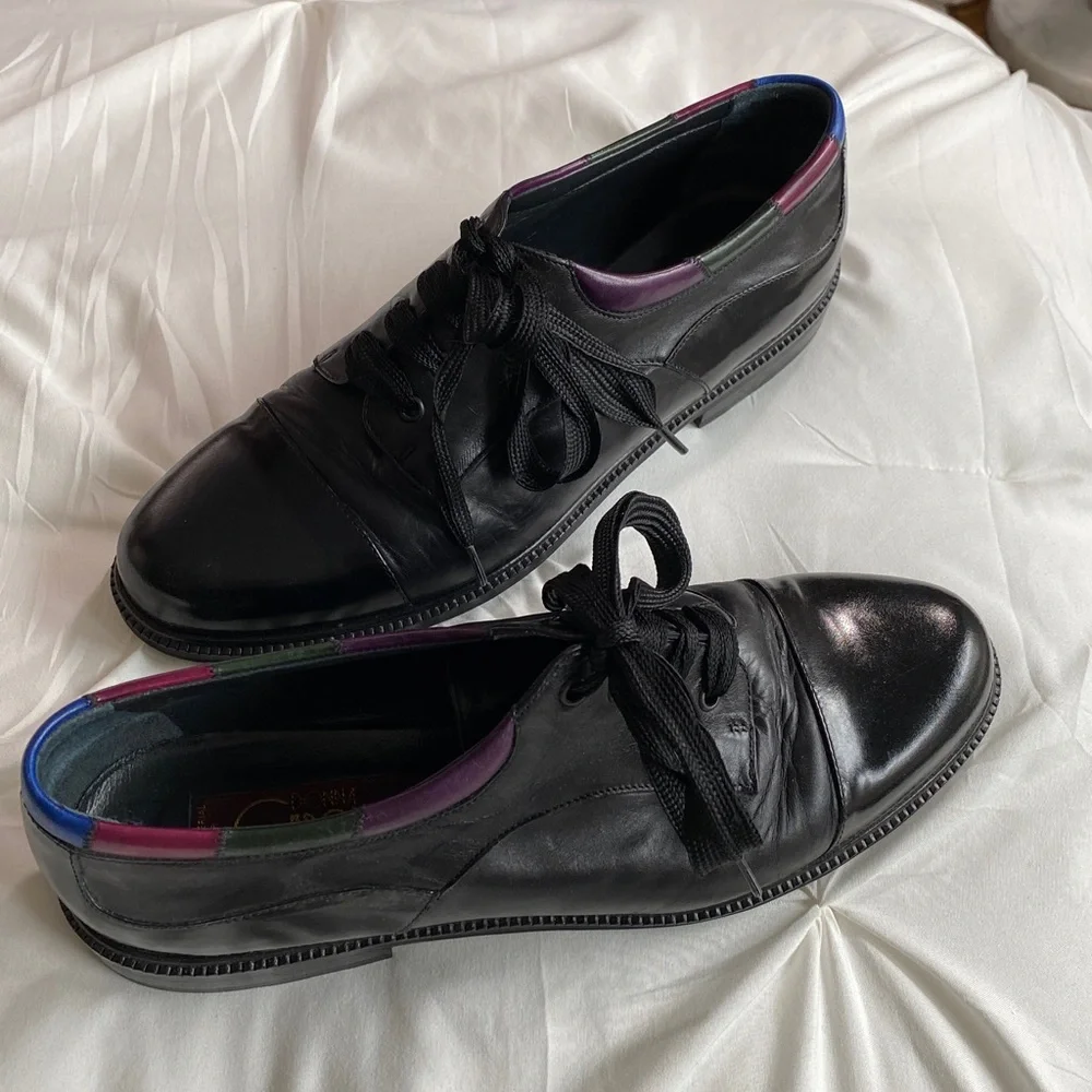 Black Leather Lace-Up Shoes with Multicolor Color Trim Made in Italy 38 1/2